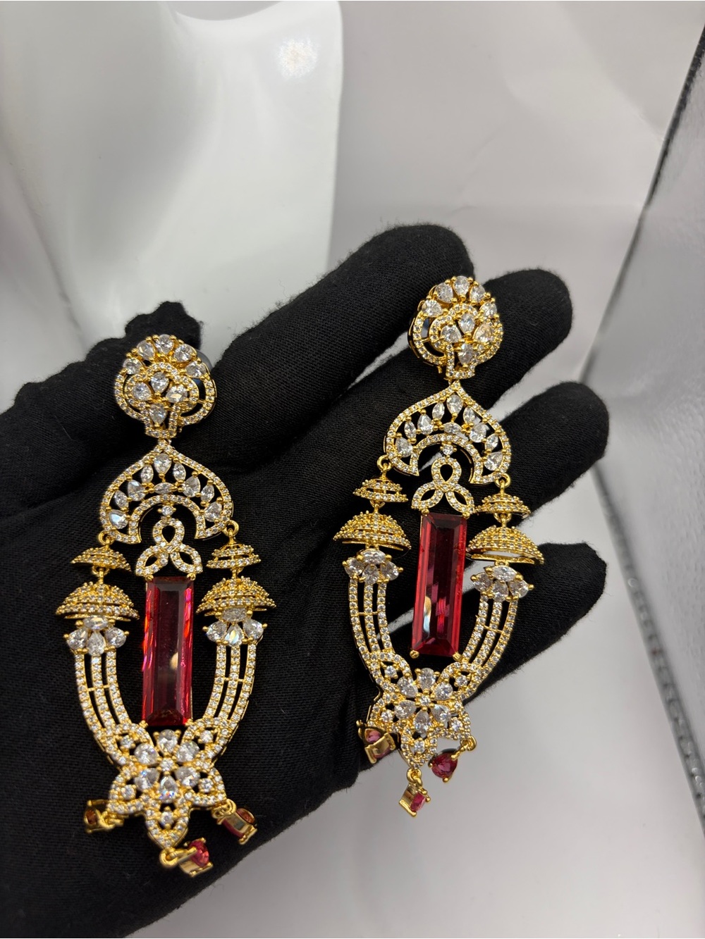 Y2K Vintage Antique Glam Gold-Tone Red and Mint Crystal CZ Drop Earrings